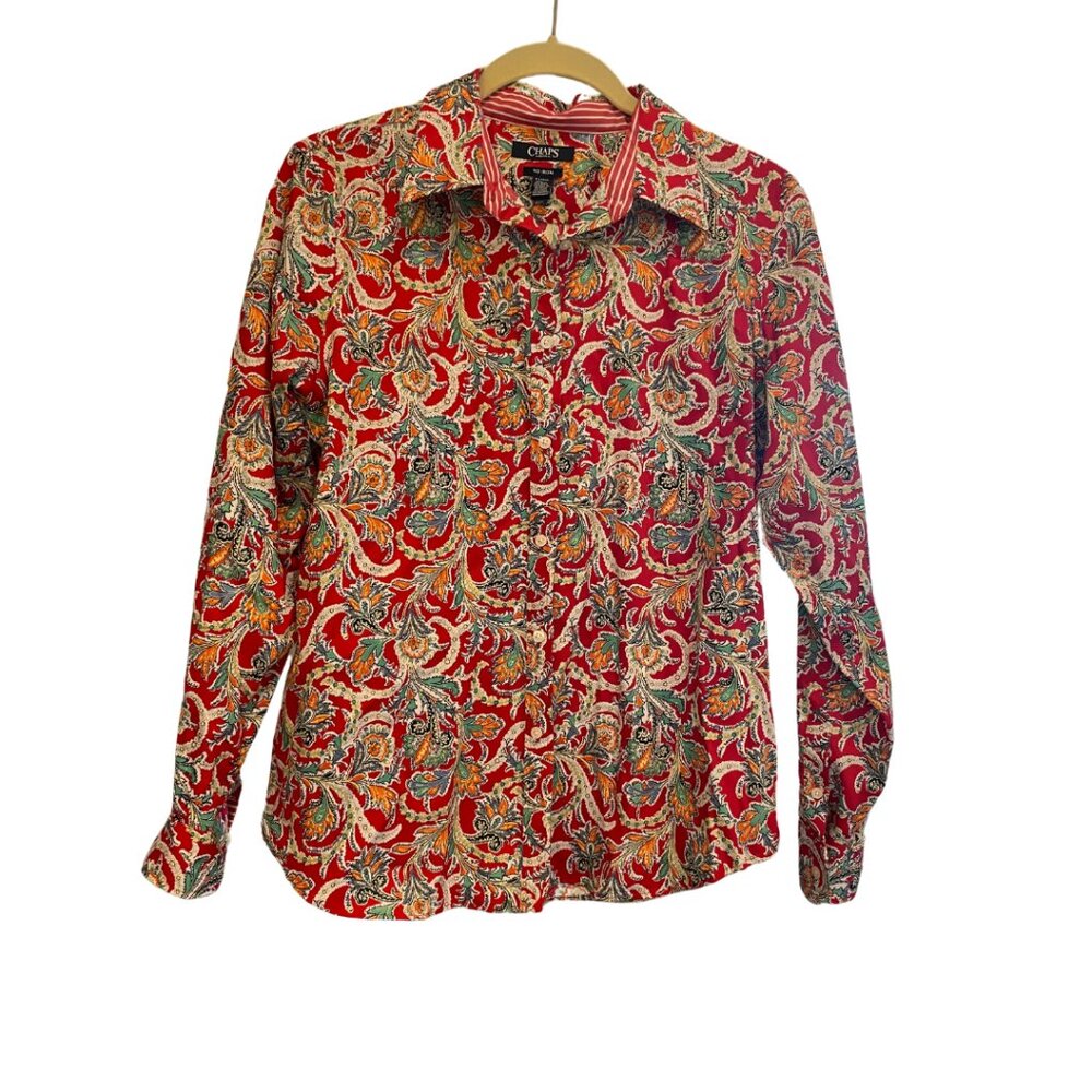 Chaps Button Up Shirt Top Women's Size PL Red Multi Paisley No Iron Long Sleeve